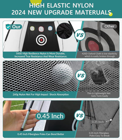 Golf Net: 10X7Ft Nylon Golf Practice Net for Backyard Driving, Chipping, Indoor/Outdoor Golf Hitting Net Upgraded High Elastic Nylon Mesh with Tri-Turf GLF Mat and Targets, Gift for Men, Golf Lovers