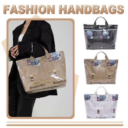 PVC Newspaper Shoulder Bag Large Capacity Casual Tote Bag Waterproof Leisure Shoulder Bag Work Date Party Bag