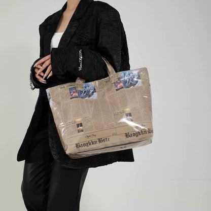 PVC Newspaper Shoulder Bag Large Capacity Casual Tote Bag Waterproof Leisure Shoulder Bag Work Date Party Bag
