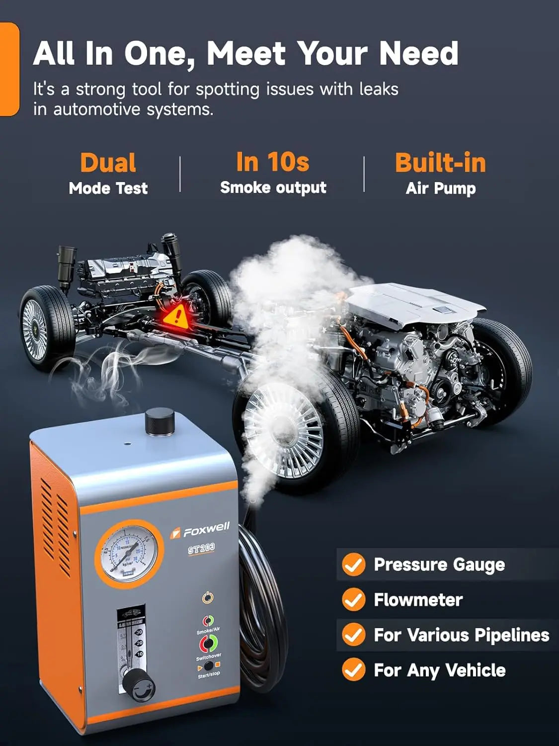 ST203 Smoke Machine Automotive Leak Detector with Built-In Air Pump Pipe Leak Locator Smog Gas Leakage Analyzer Detector