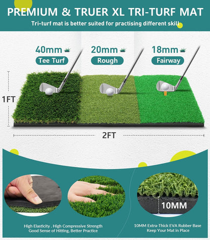 Golf Net: 10X7Ft Nylon Golf Practice Net for Backyard Driving, Chipping, Indoor/Outdoor Golf Hitting Net Upgraded High Elastic Nylon Mesh with Tri-Turf GLF Mat and Targets, Gift for Men, Golf Lovers