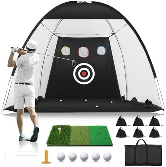 Golf Net: 10X7Ft Nylon Golf Practice Net for Backyard Driving, Chipping, Indoor/Outdoor Golf Hitting Net Upgraded High Elastic Nylon Mesh with Tri-Turf GLF Mat and Targets, Gift for Men, Golf Lovers