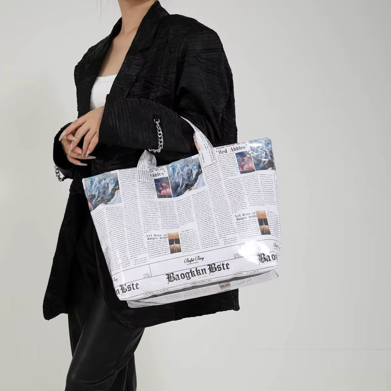 PVC Newspaper Shoulder Bag Large Capacity Casual Tote Bag Waterproof Leisure Shoulder Bag Work Date Party Bag